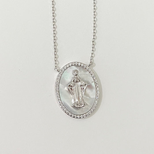 Mother of Pearl Miraculous Medal Necklace with Zirconium Border