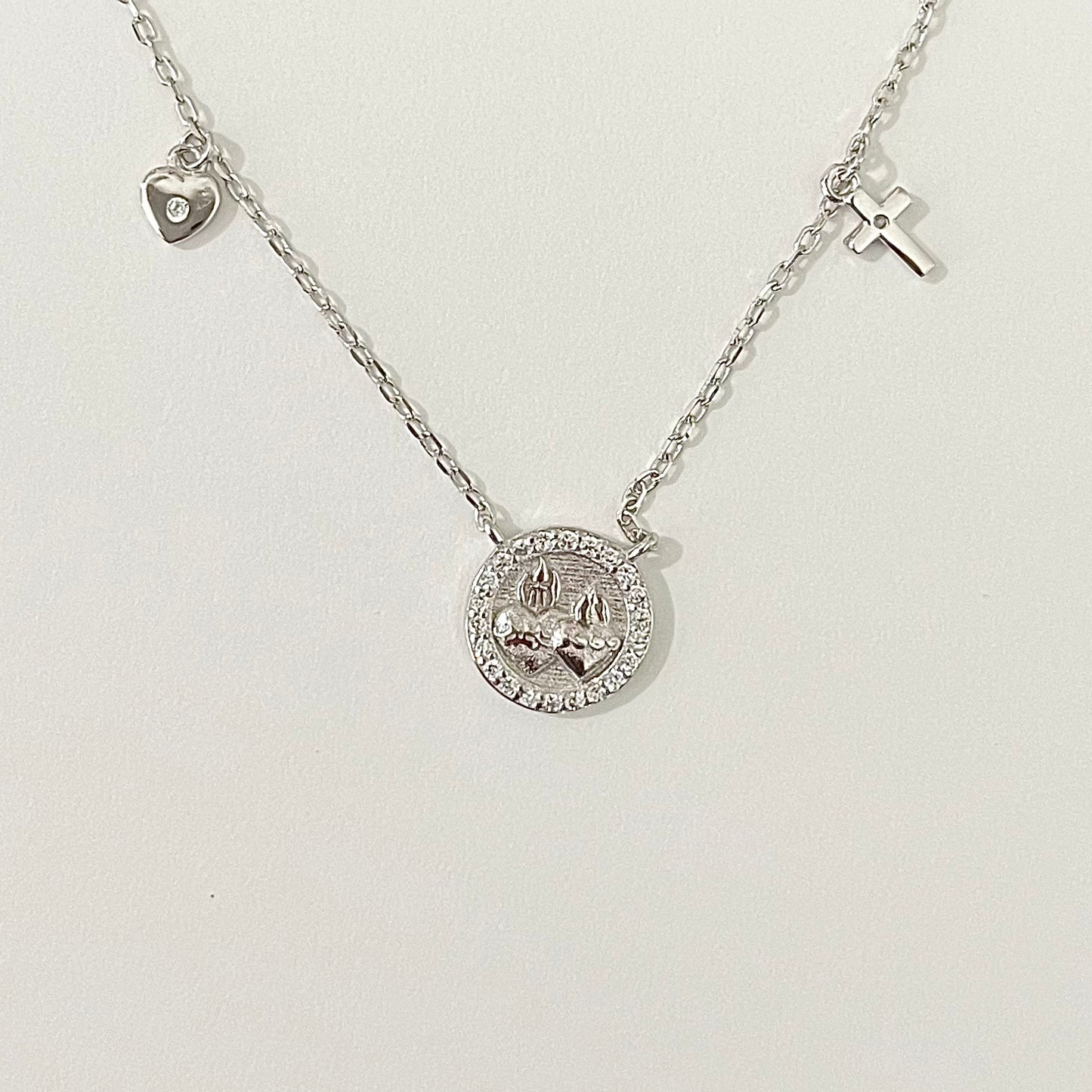 Round Silver Plated and Mother of Pearl Two Hearts Necklace with Gems and Zirconium Border