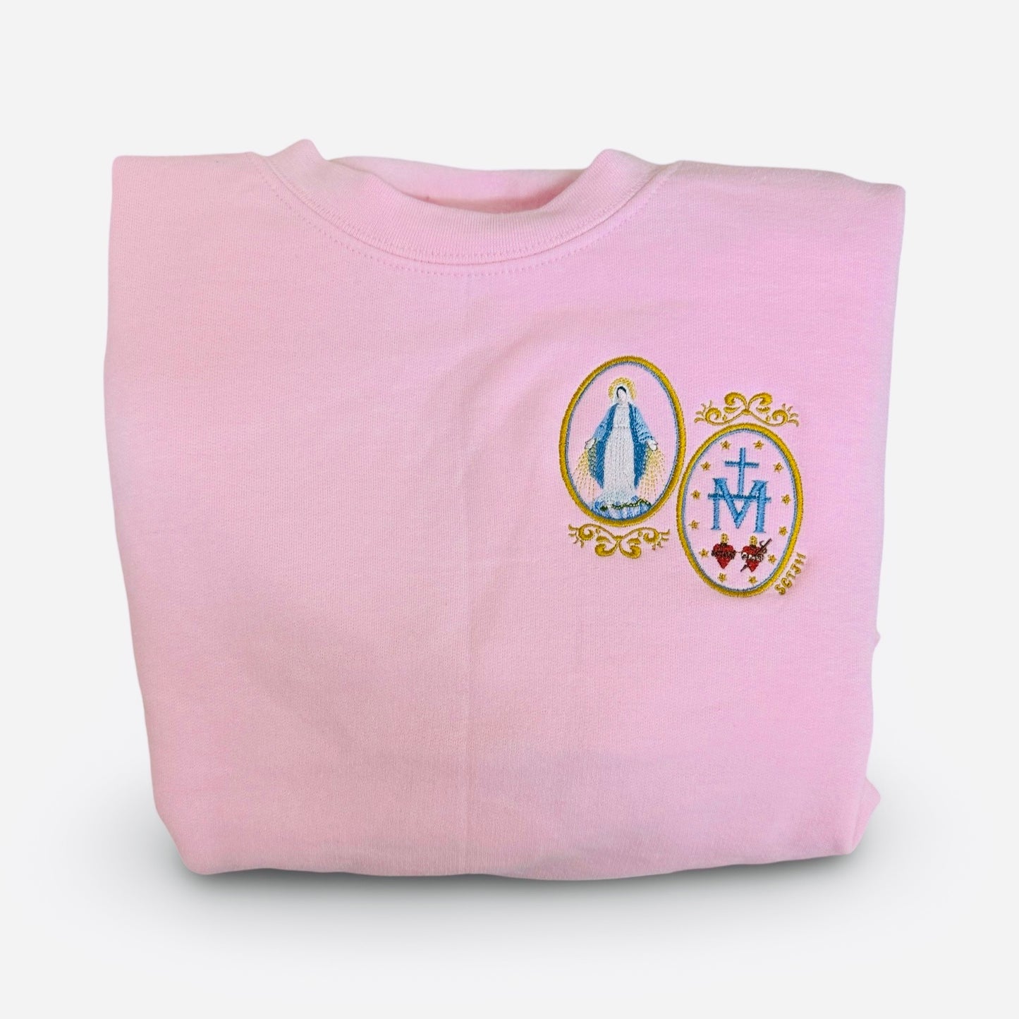 Small Miraculous Medal Embroidered Crewneck Sweater by SCTJM