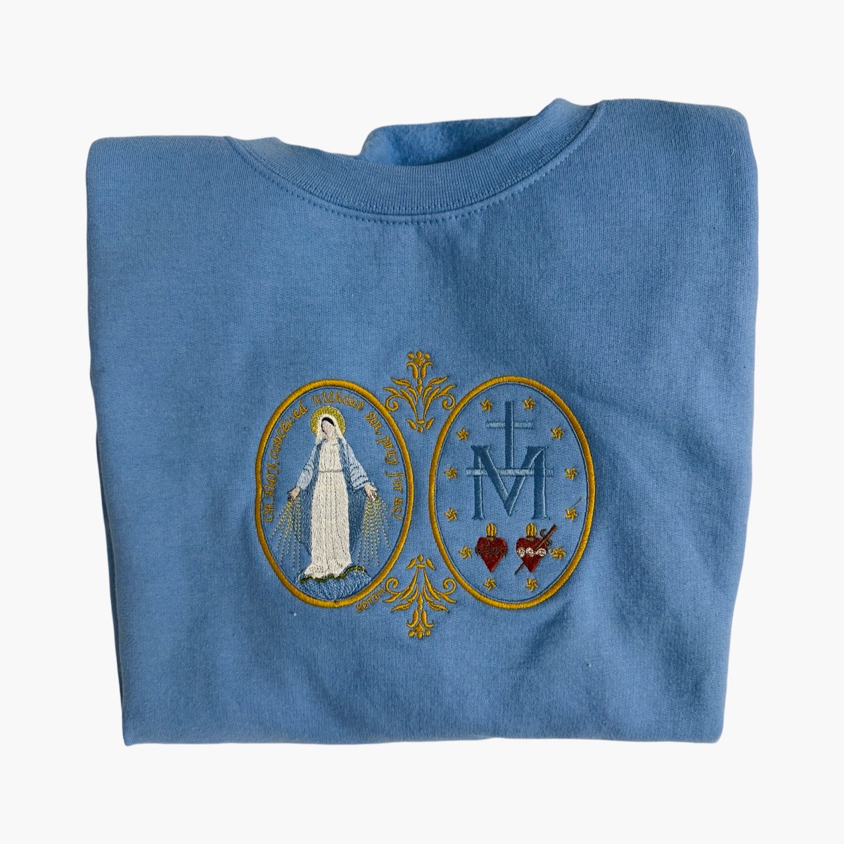 Large Miraculous Medal Embroidered Crewneck Sweater by SCTJM