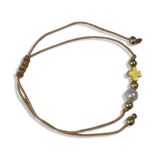 Adjustable Small Gold Cross with Pearl Bead of Assorted Colors