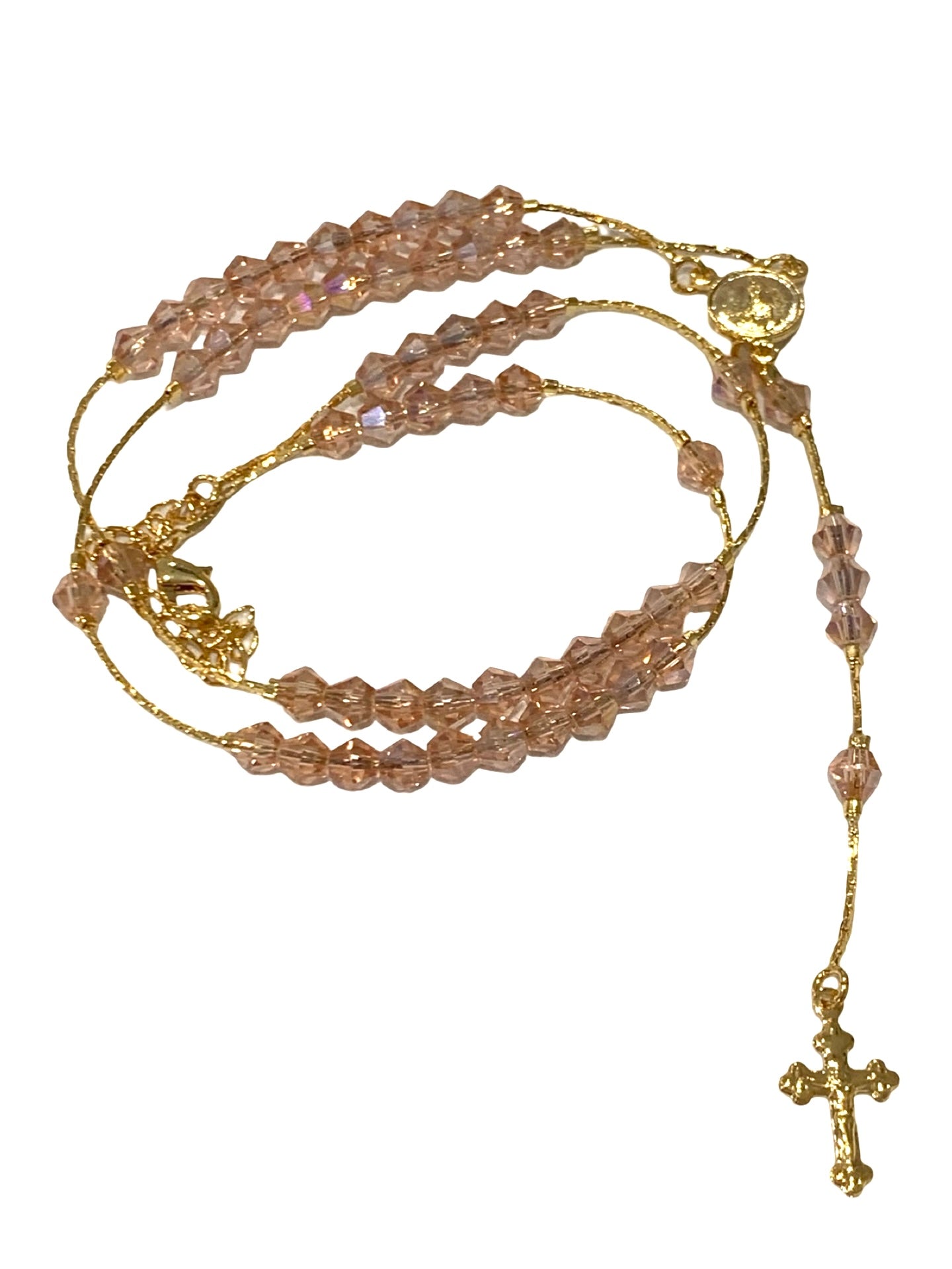 Gold and Pink Crystal Rosary Necklace in Framed Display Case