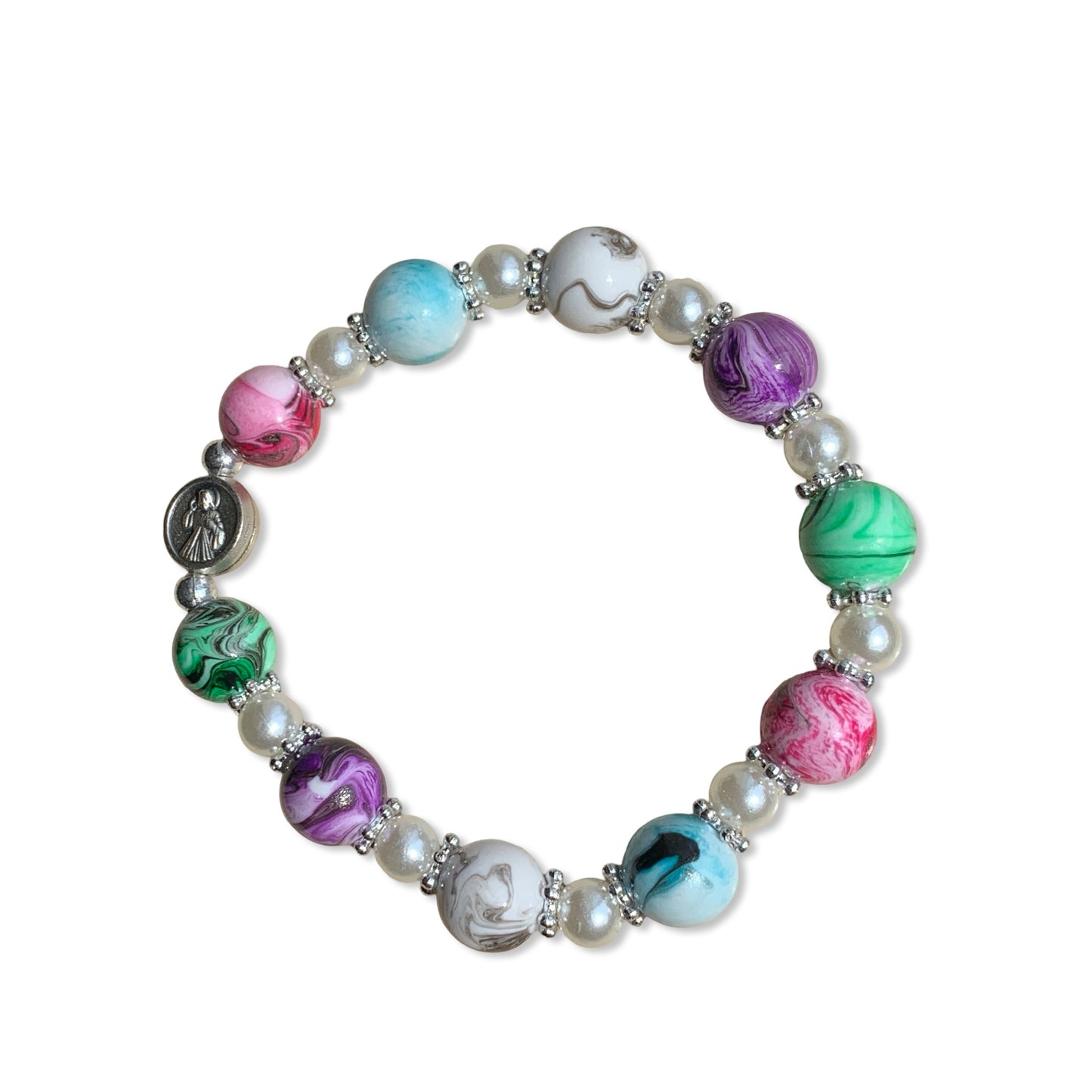 Large Marble Bead Queen of Peace Decade Rosary Bracelet
