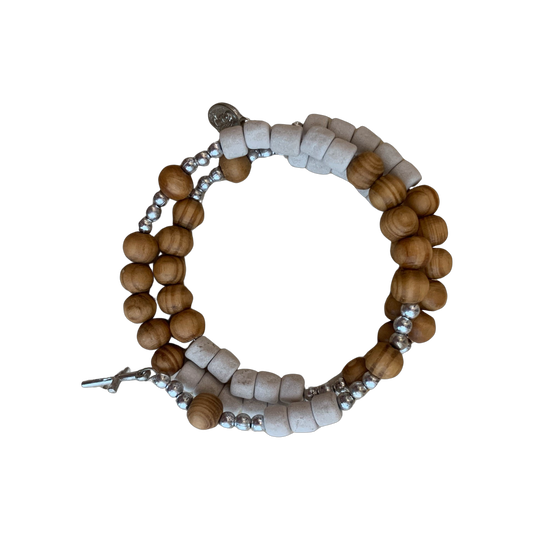 Olive Wood Wrap Queen of Peace Wire Bracelet
