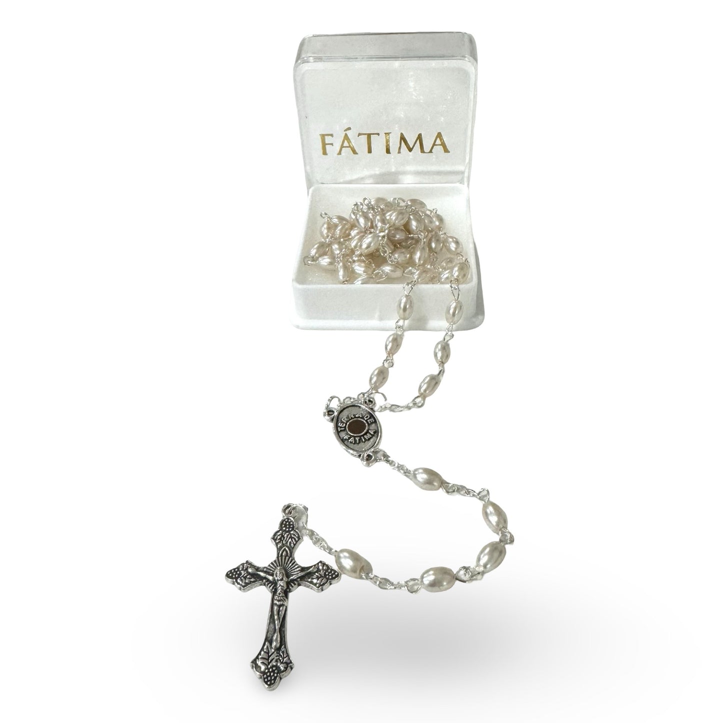 Pearl Fatima Rosary with Soil in Case