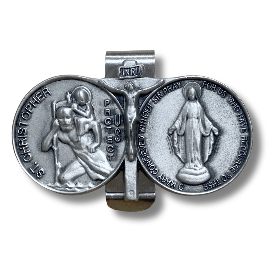 Pewter Miraculous Medal and St. Christopher Car Visor Clip