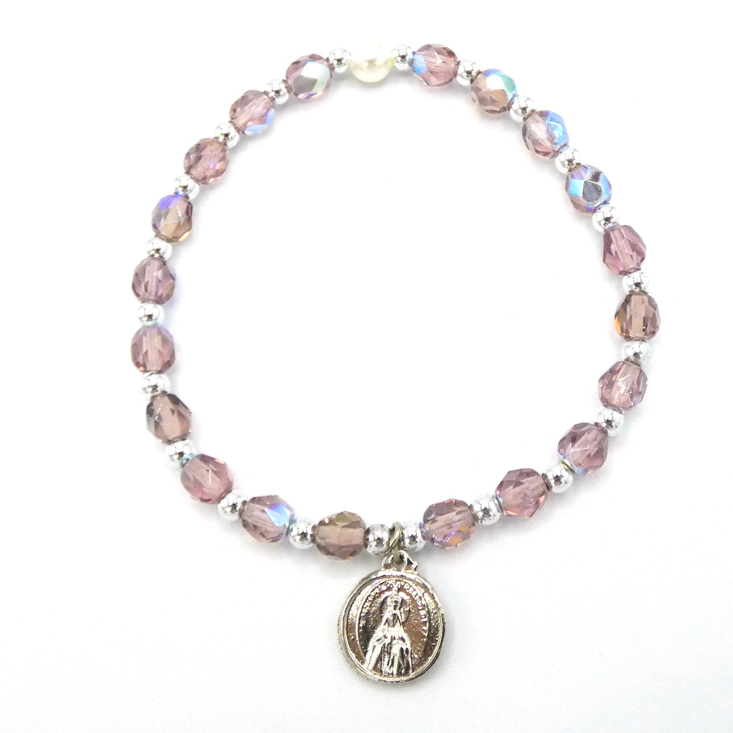 Crystal Bracelet with Fatima Medal and Pearl Accent of Assorted Colors