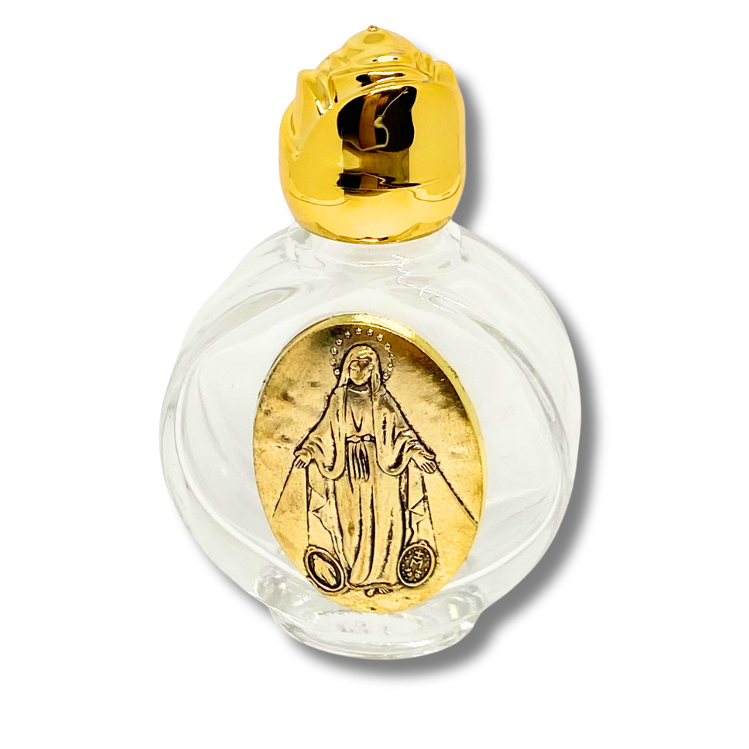 Round Miraculous Medal Glass Holy Water Bottle