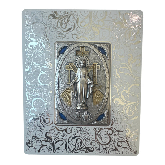Silver Miraculous Medal Image with Ornate Background