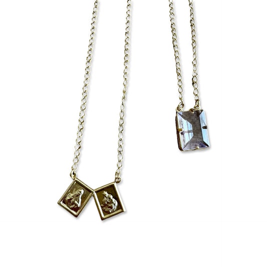 Gold Scapular Necklace with Purple Crystal Accent
