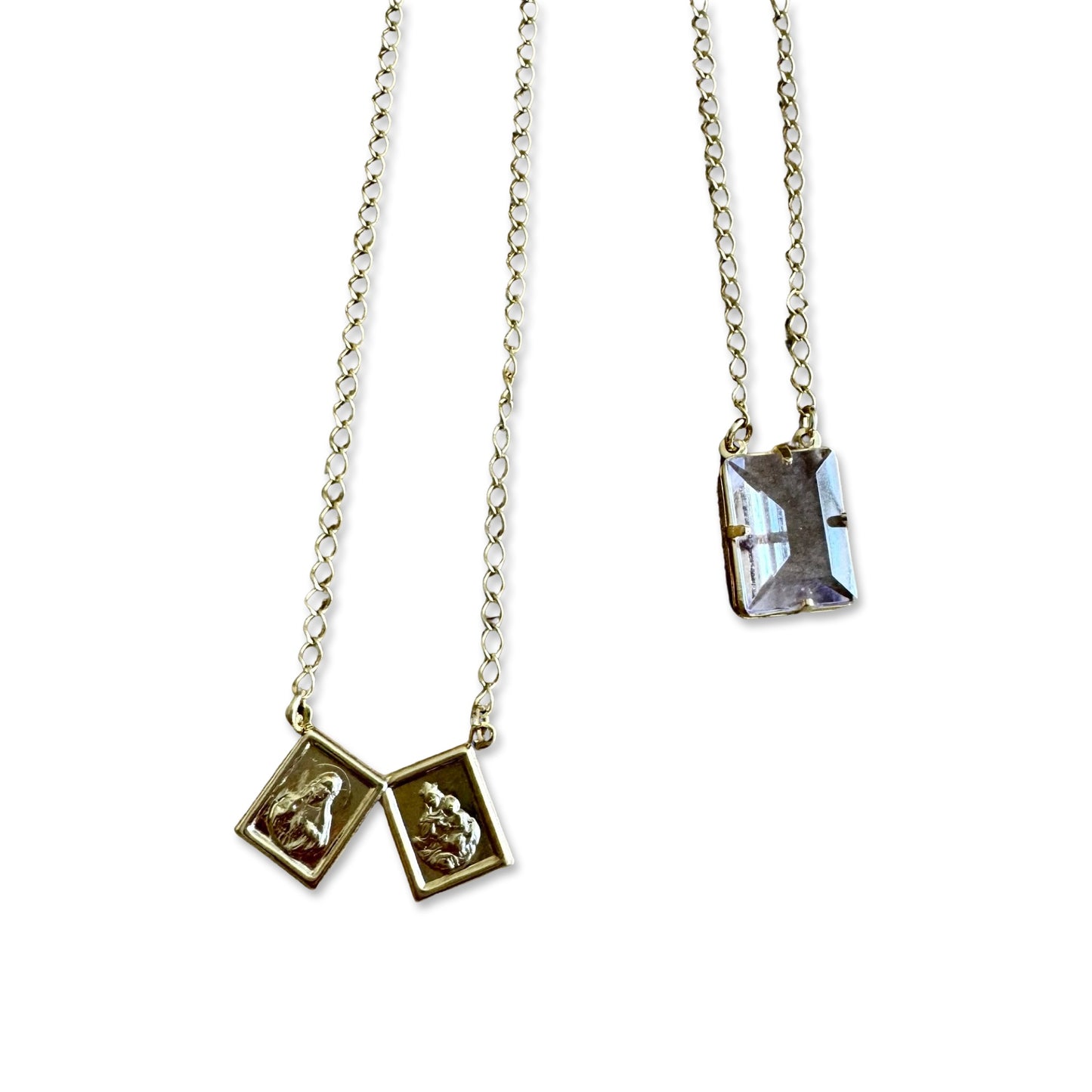 Gold Scapular Necklace with Purple Crystal Accent