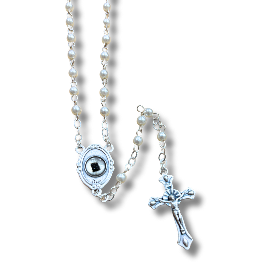 Small Pearl Beaded Padre Pio Rosary with Relic