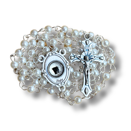 Small Pearl Beaded Padre Pio Rosary with Relic