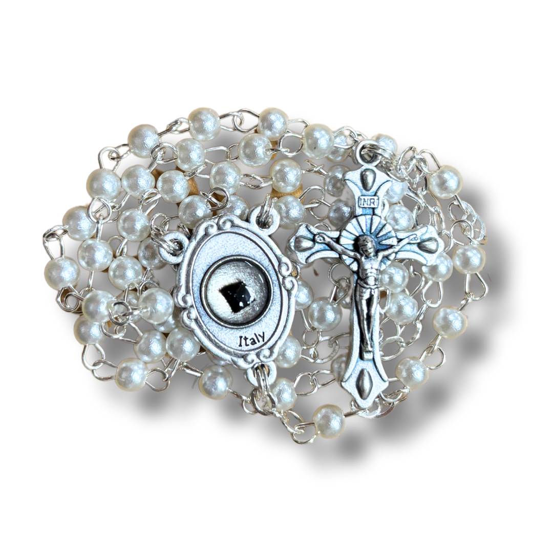 Small Pearl Beaded Padre Pio Rosary with Relic
