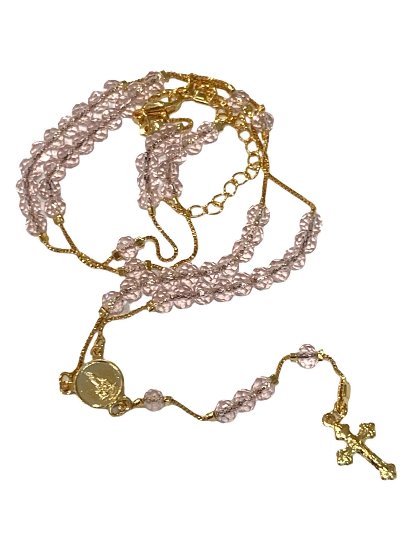 Gold and Pink Crystal Rosary Necklace in Framed Display Case