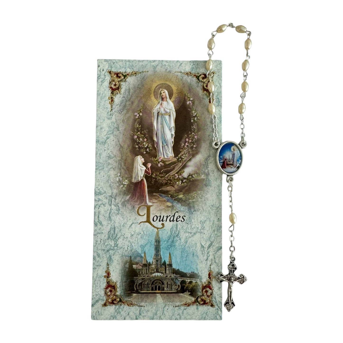 Small Pearl Lourdes Decade Rosary with Colored Centerpiece Medal and Holy Card