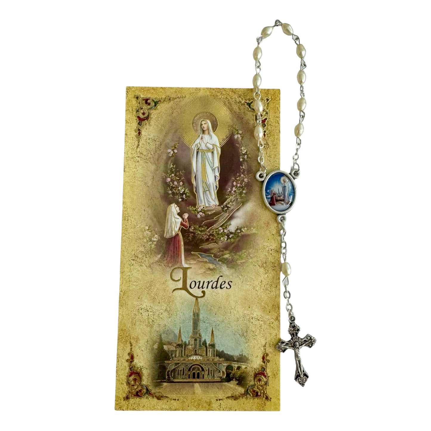 Small Pearl Lourdes Decade Rosary with Colored Centerpiece Medal and Holy Card