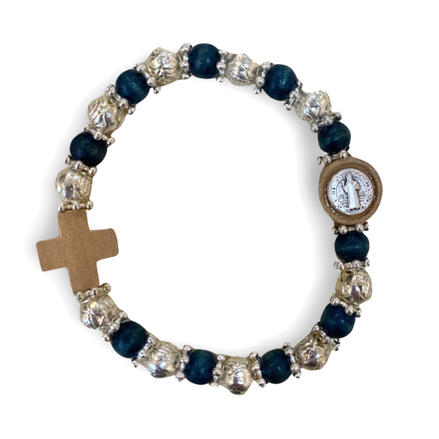 Rose and Blue Beaded Bracelet with St. Benedict Medal