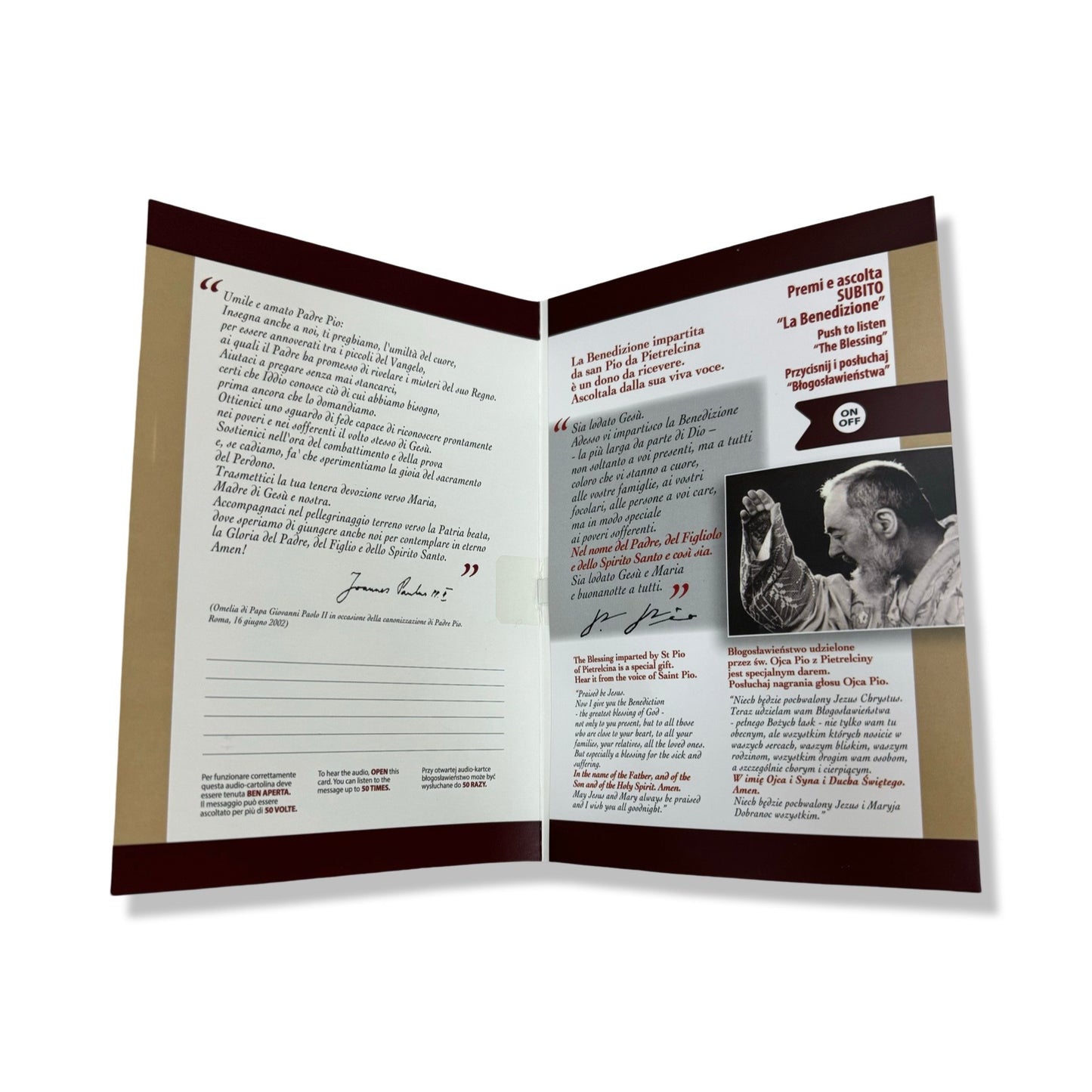 St. Padre Pio Blessing Card with Recording