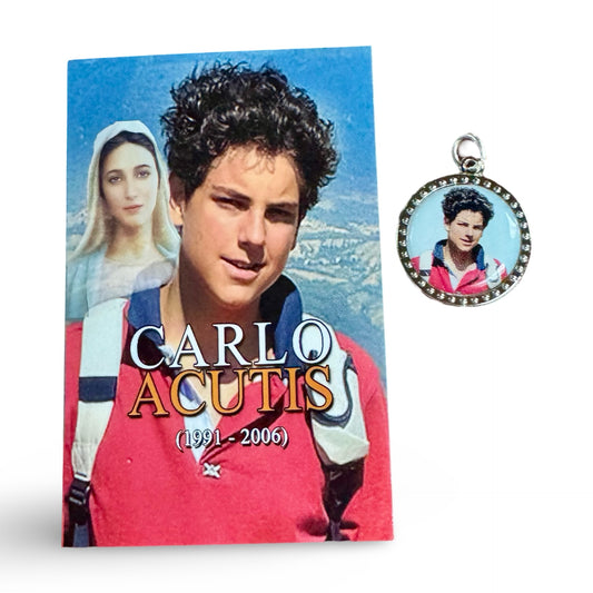St. Carlo Acutis Holy Card with Round Colored Medal