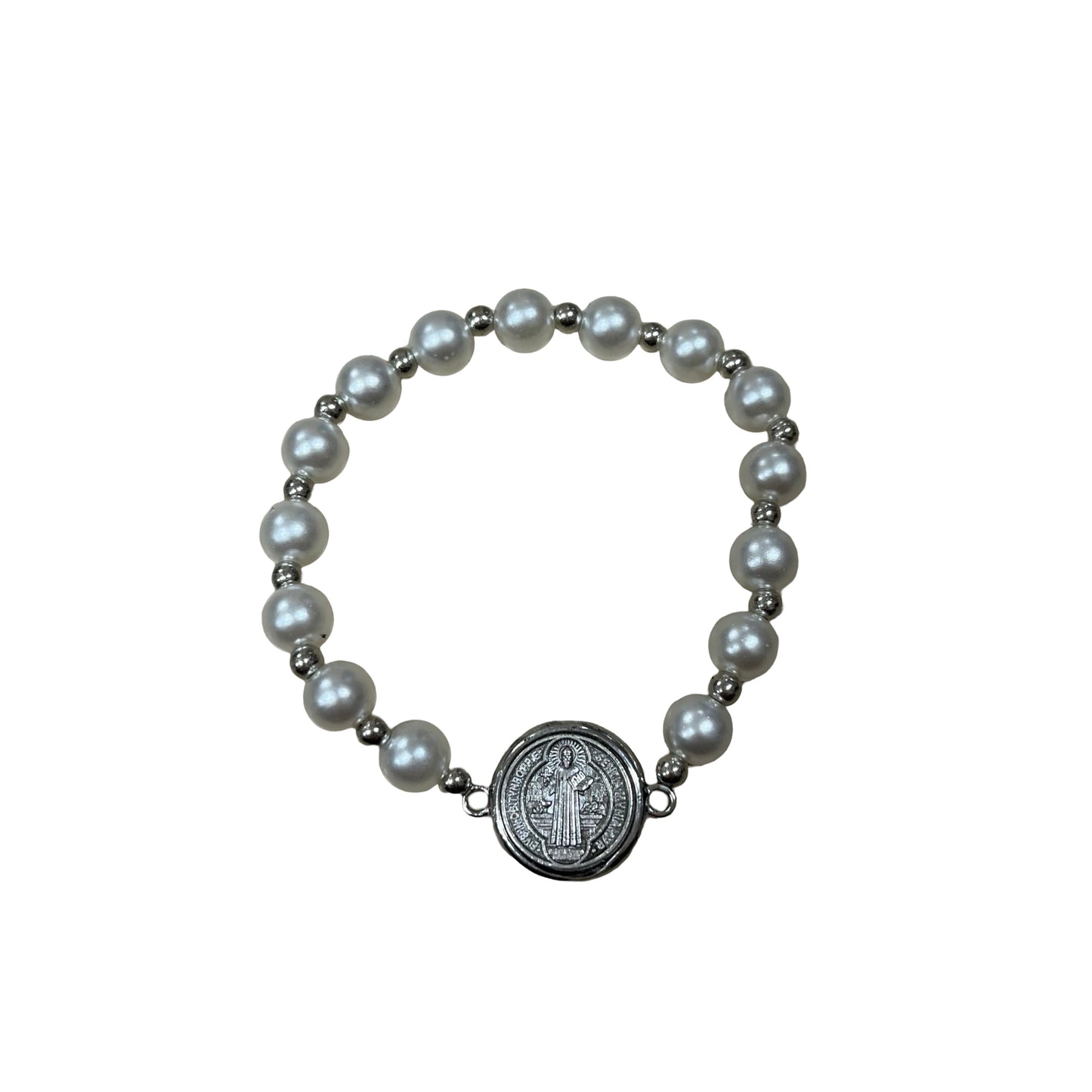 Pearl and Silver Beaded Bracelet with St. Benedict Medal
