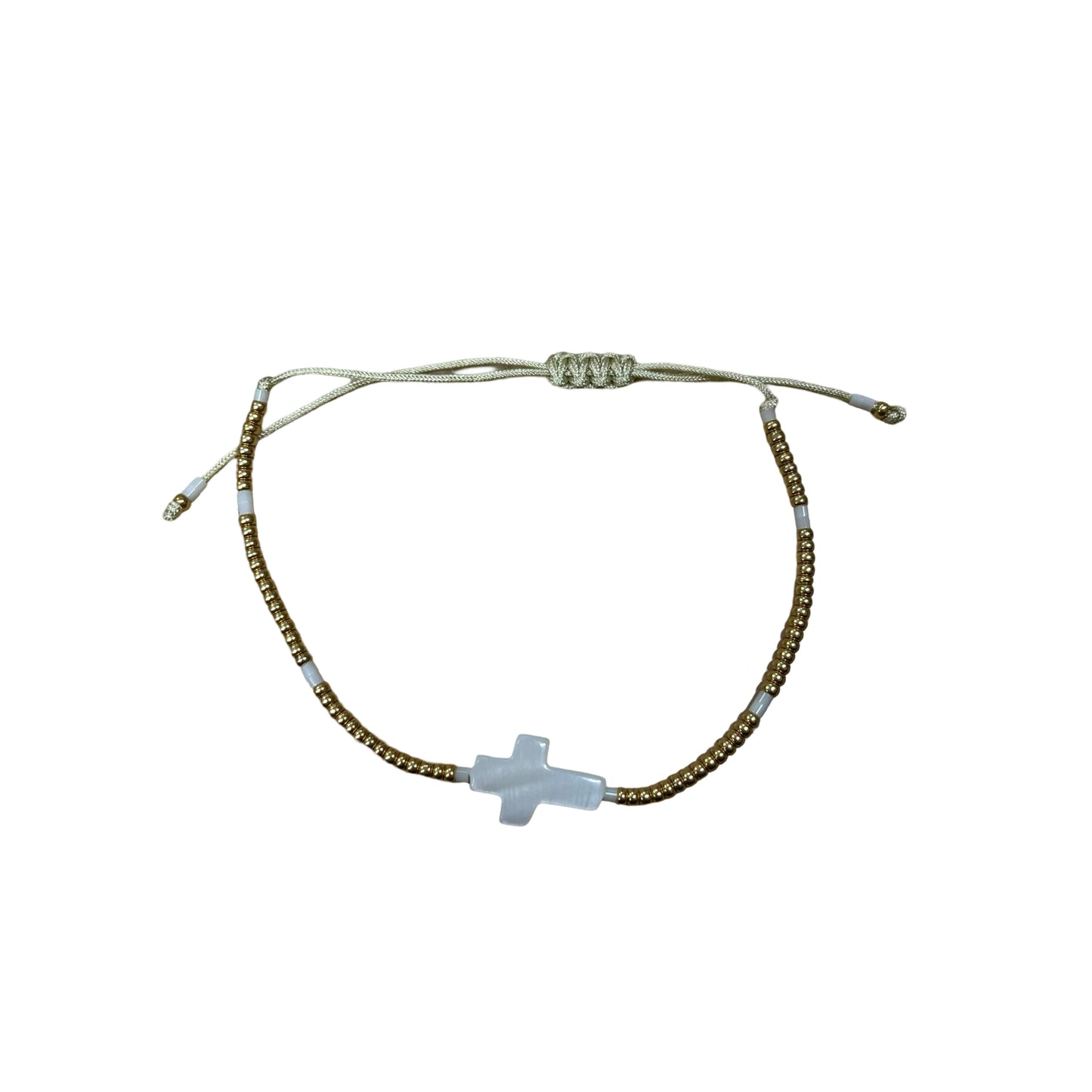 Small Golden Beads with Mother of Pearl Cross Bracelet