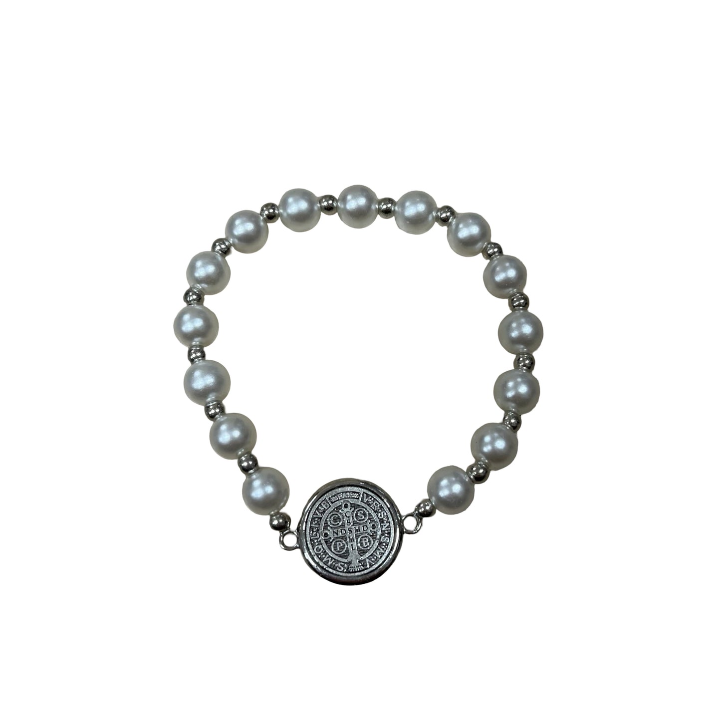 Pearl and Silver Beaded Bracelet with St. Benedict Medal
