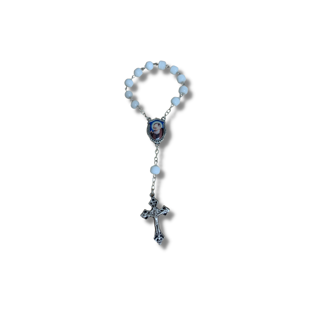 White Padre Pio Decade Rosary with Relic
