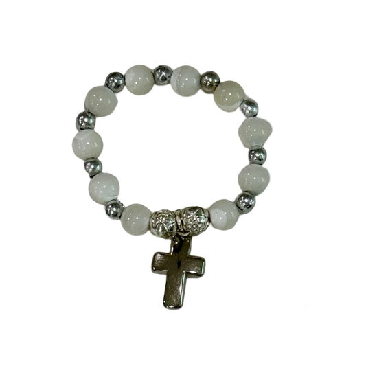 Lourdes Rosary Ring with Silver Cross and Rose Accents