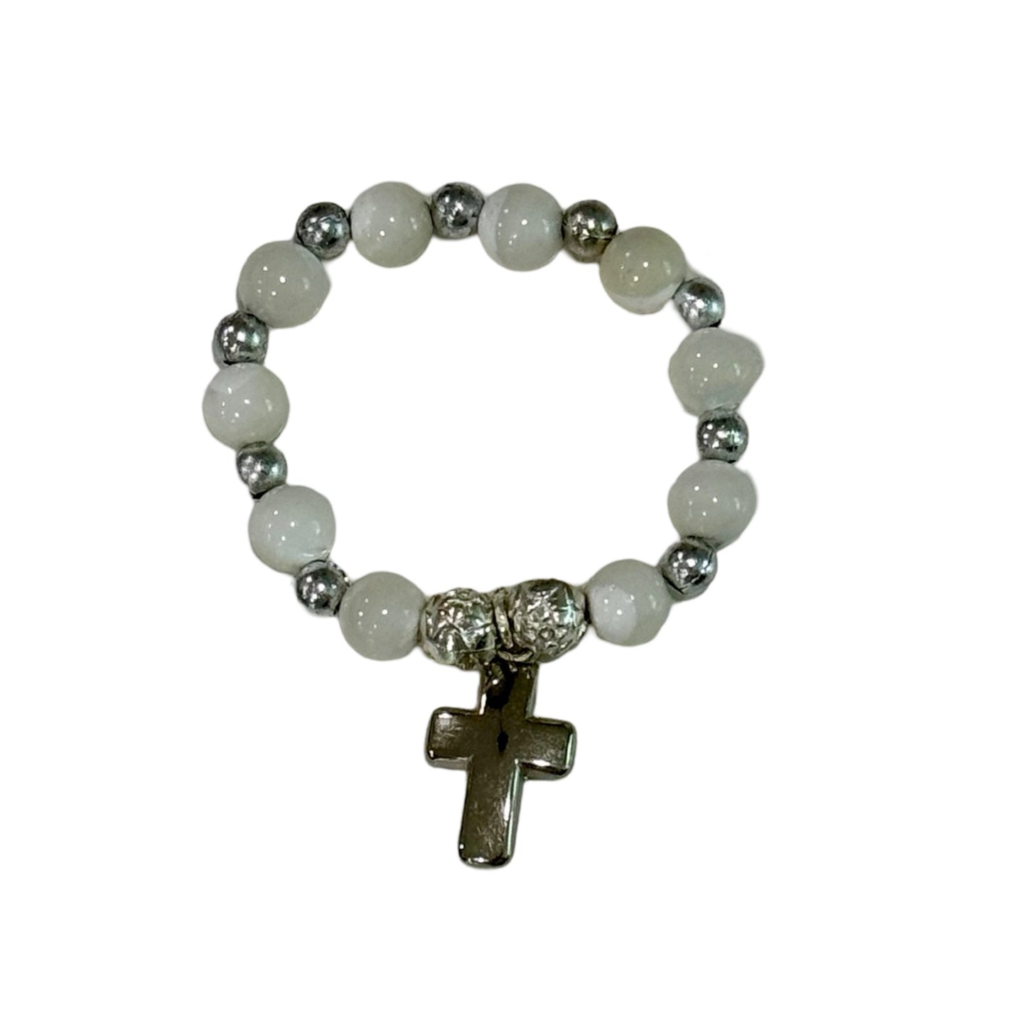 Lourdes Rosary Ring with Silver Cross and Rose Accents