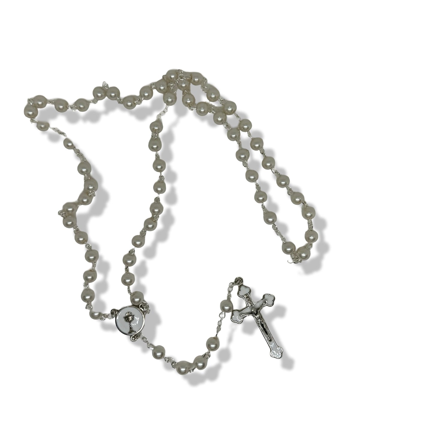 White Pearl First Communion Rosary in Eucharist Case