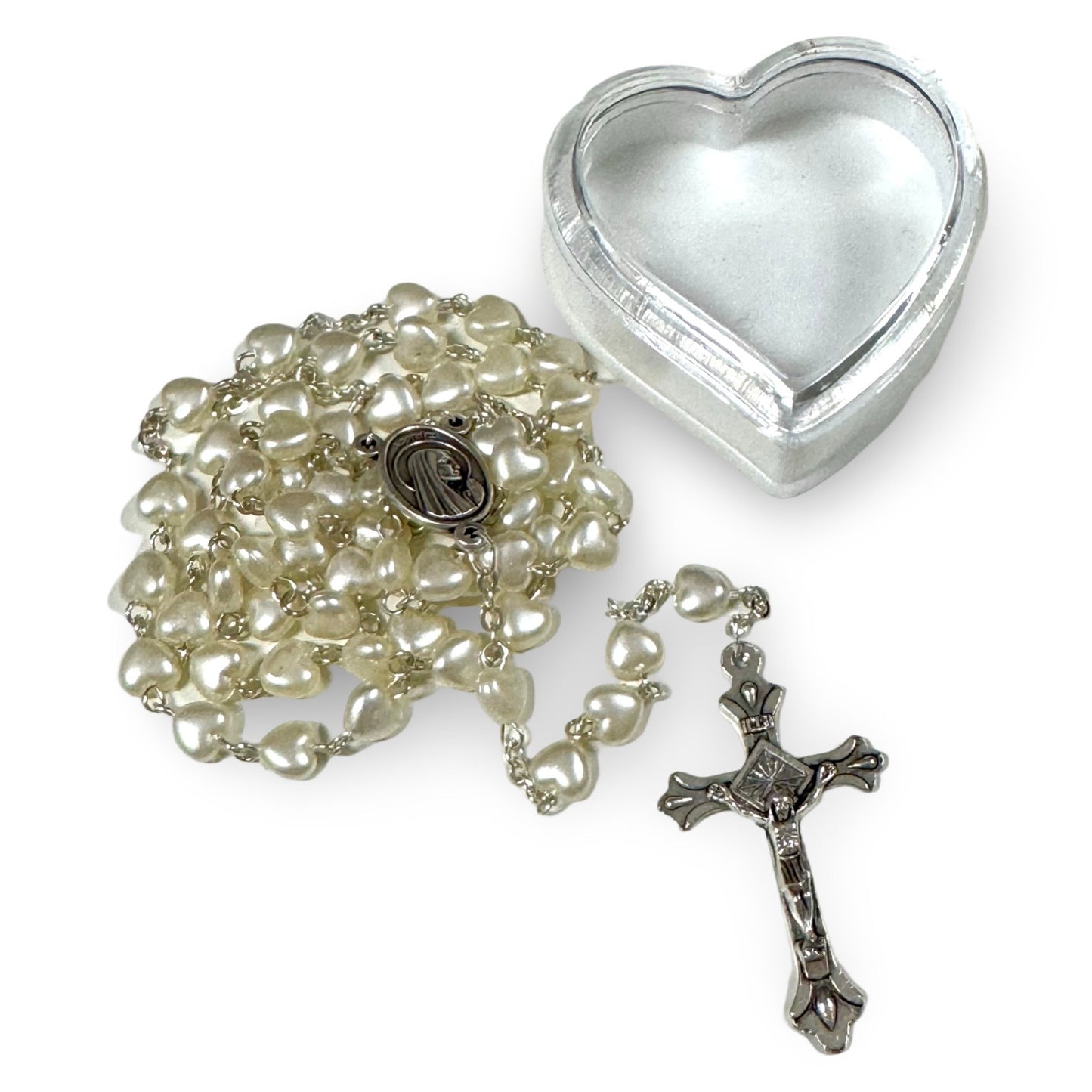 White Pearl Lourdes Rosary with Heart-Shaped Beads in Heart Shaped Case