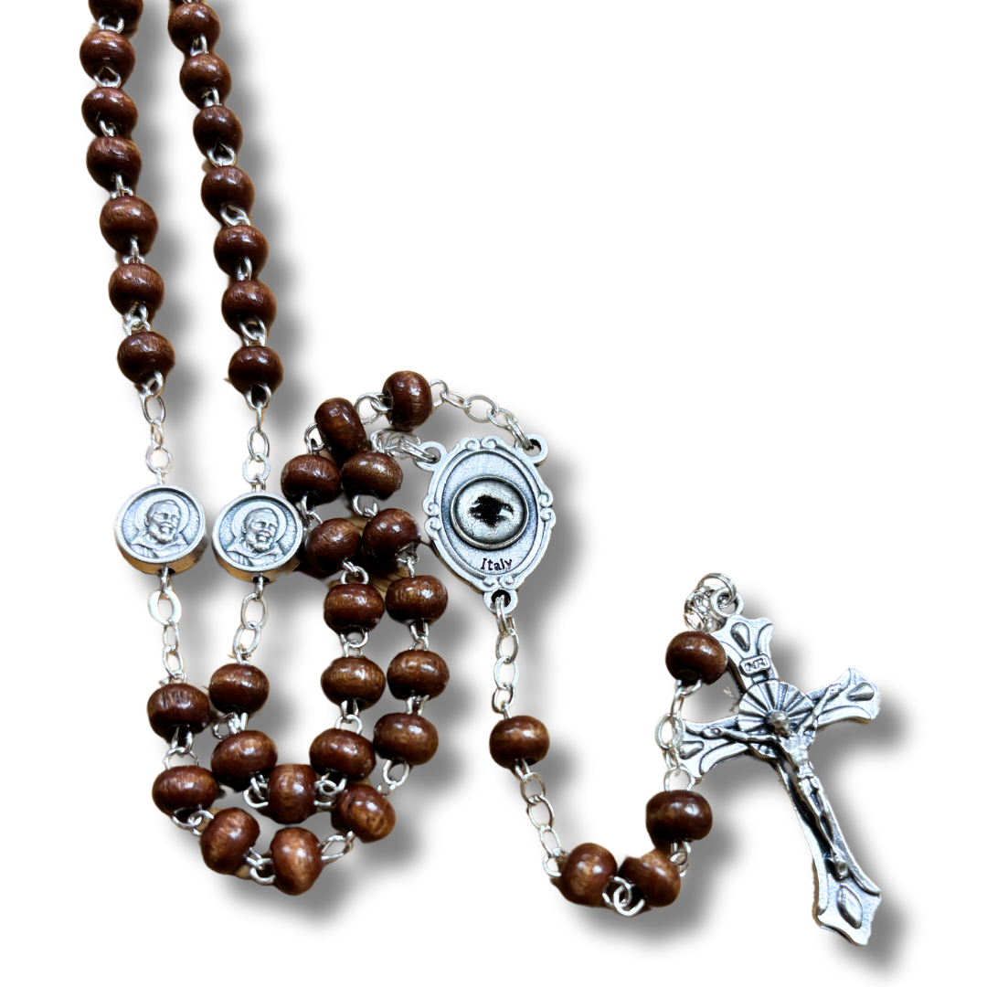 Wooden Bead Padre Pio Rosary with Relic