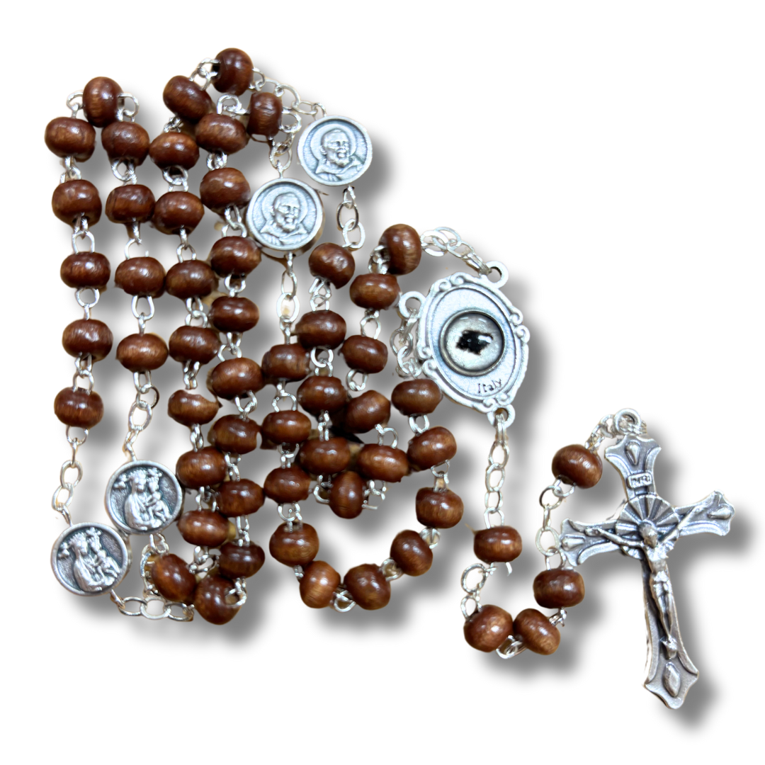 Wooden Bead Padre Pio Rosary with Relic