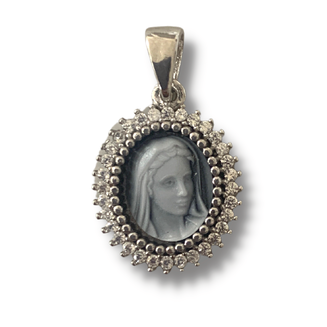 Queen of Peace Cameo Medal with Ornate Diamond Border
