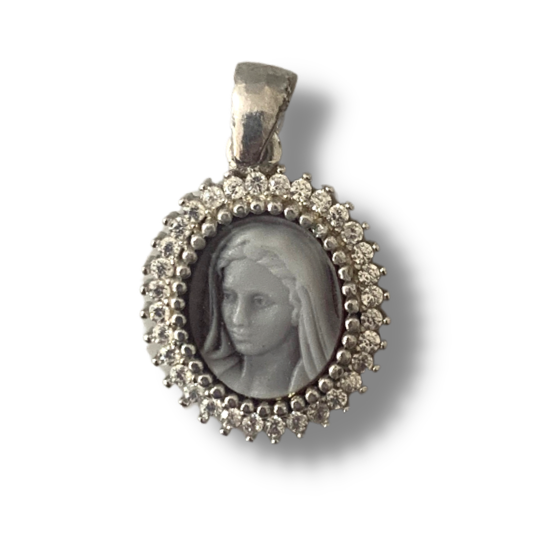 Queen of Peace Cameo Medal with Ornate Diamond Border