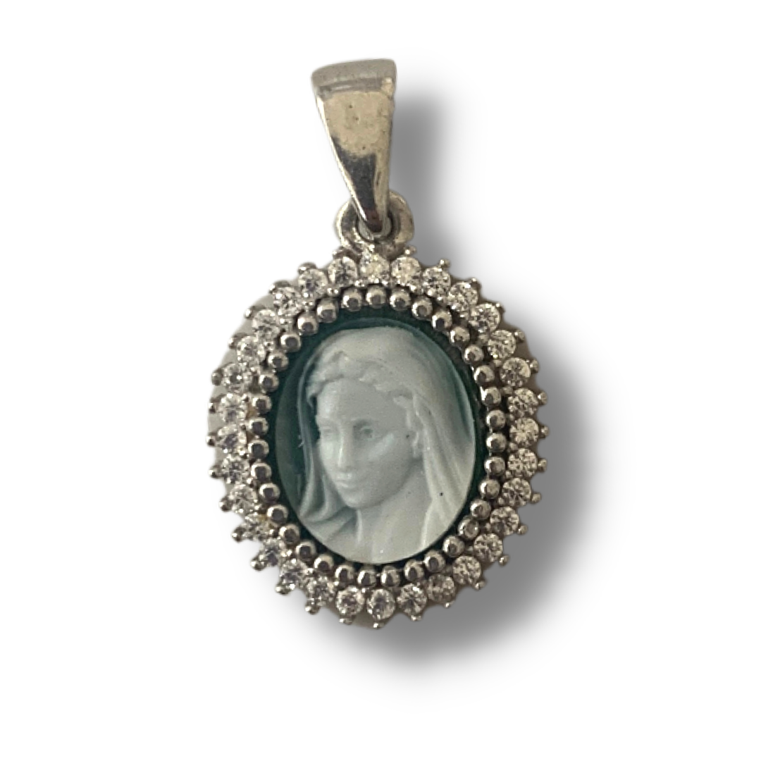 Queen of Peace Cameo Medal with Ornate Diamond Border