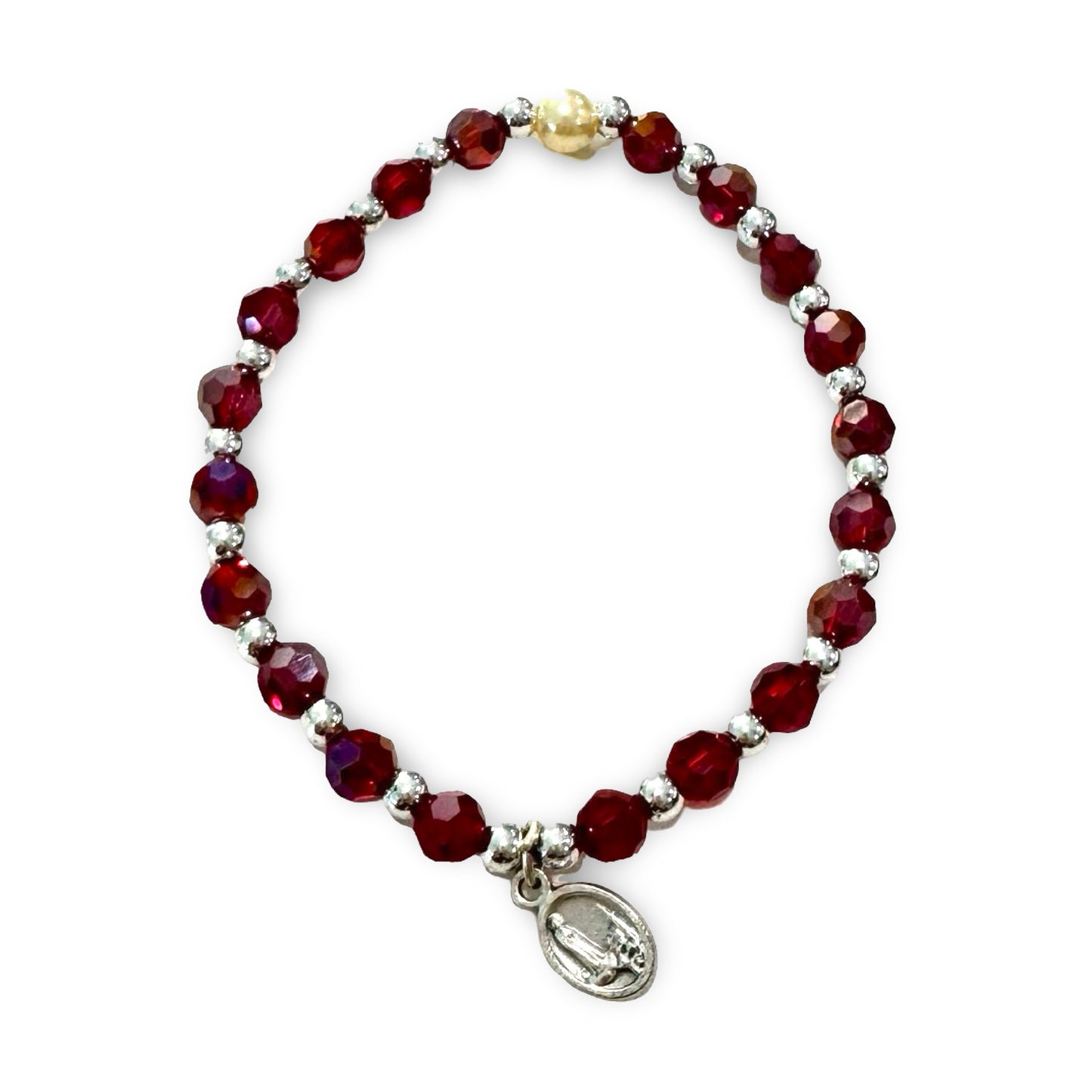 Crystal Bracelet with Fatima Medal and Pearl Accent of Assorted Colors