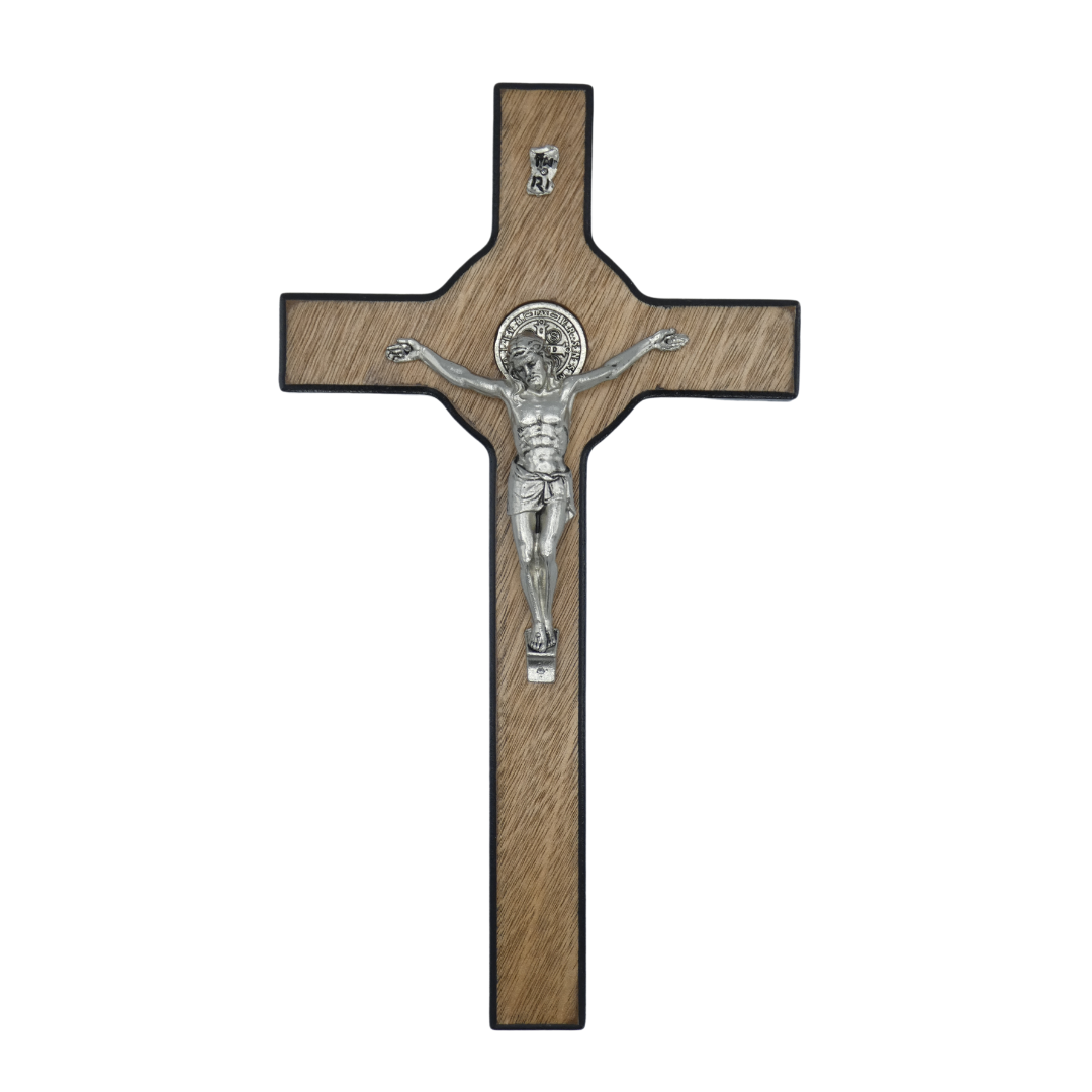 White Oak Colored St. Benedict Crucifix with Black Border