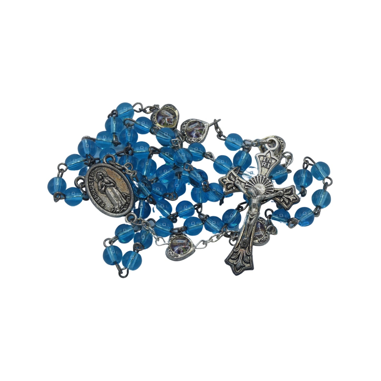 Blue Lourdes Rosary with Hearts