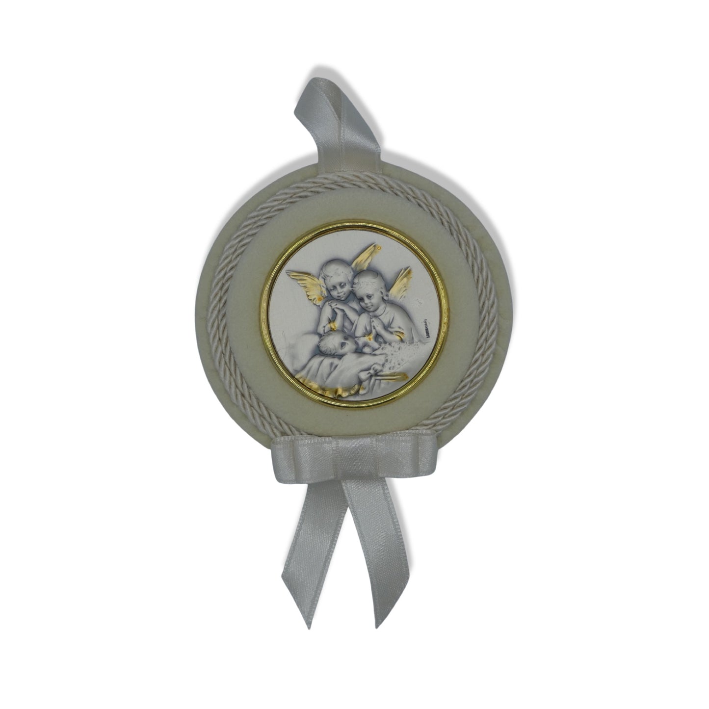 Circular Guardian Angels Baby Crib Silver Medallion