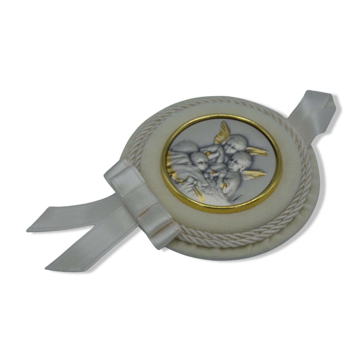 Circular Guardian Angels Baby Crib Silver Medallion