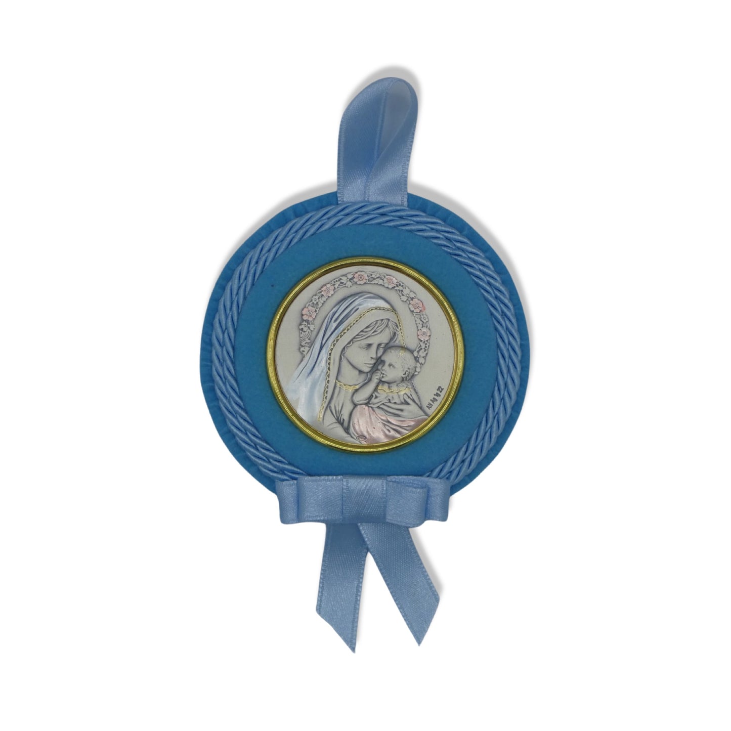 Circular Our Lady with Child Baby Crib Silver Medallion