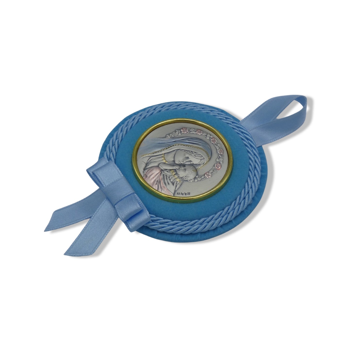 Circular Our Lady with Child Baby Crib Silver Medallion