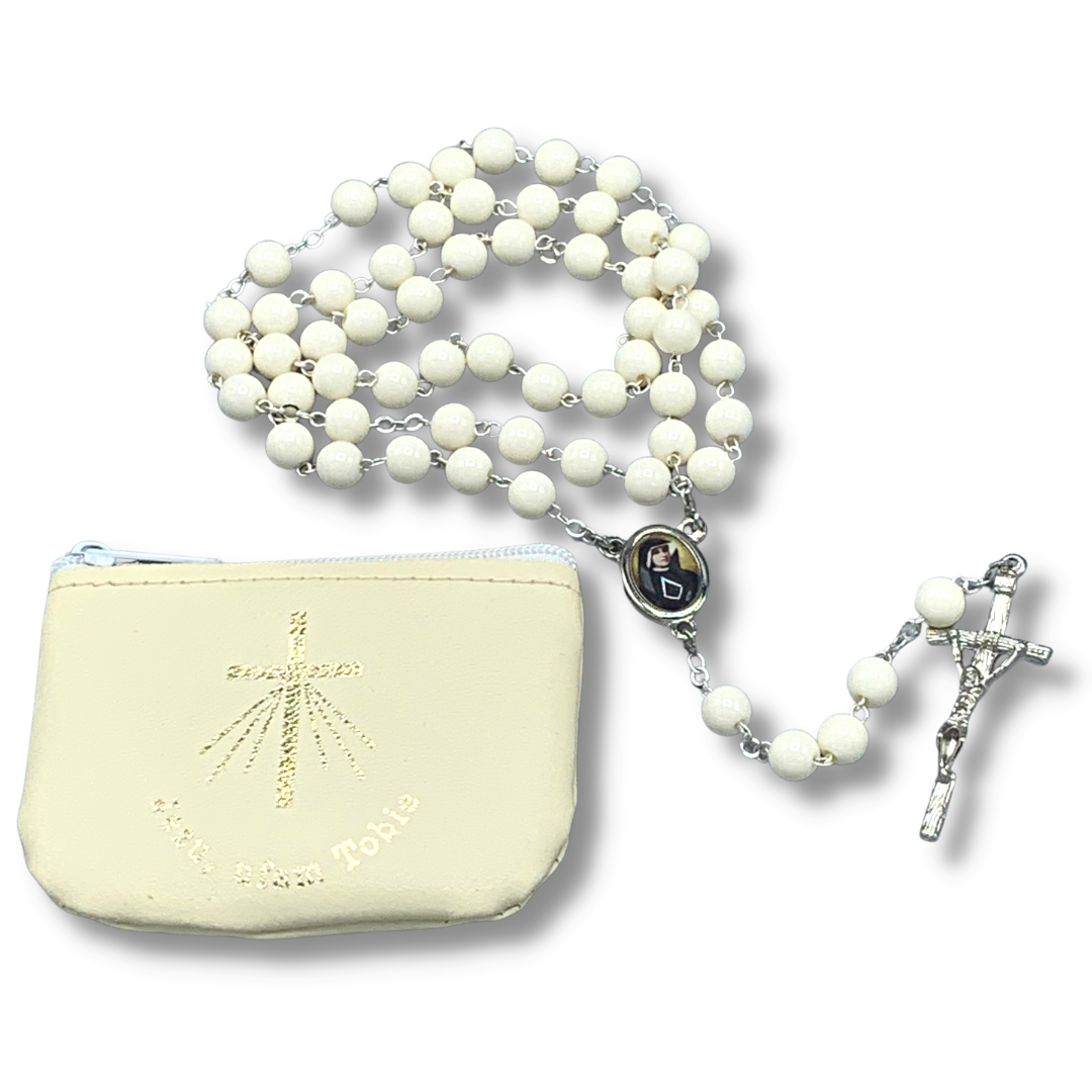 Marble St. Faustina Rosary with Relic and Pouch