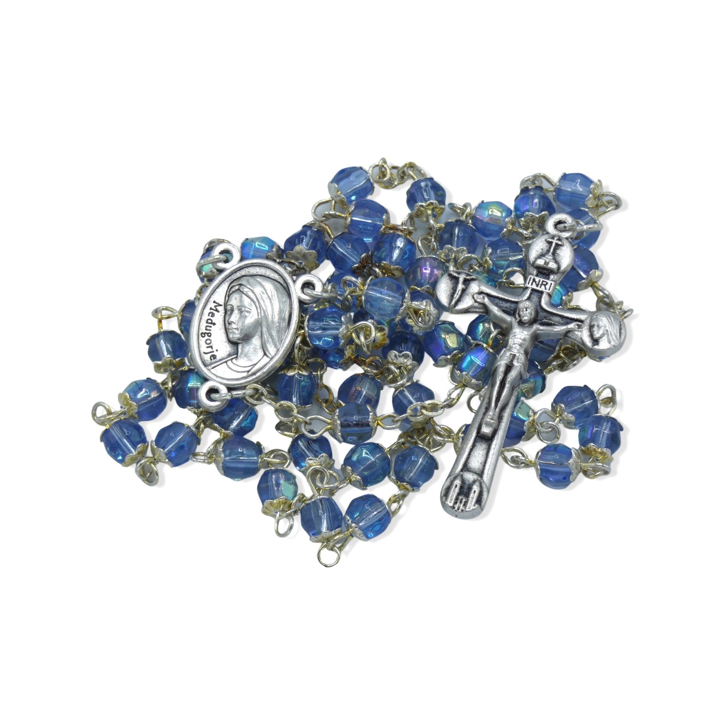 Crystal Blue Beads Queen of Peace Rosary