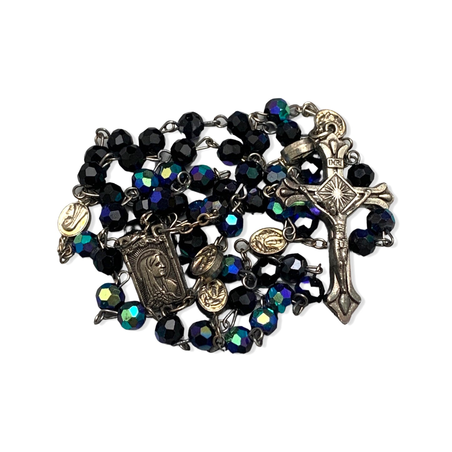 Crystal Lourdes Rosary with Fleur de Lis Crucifix