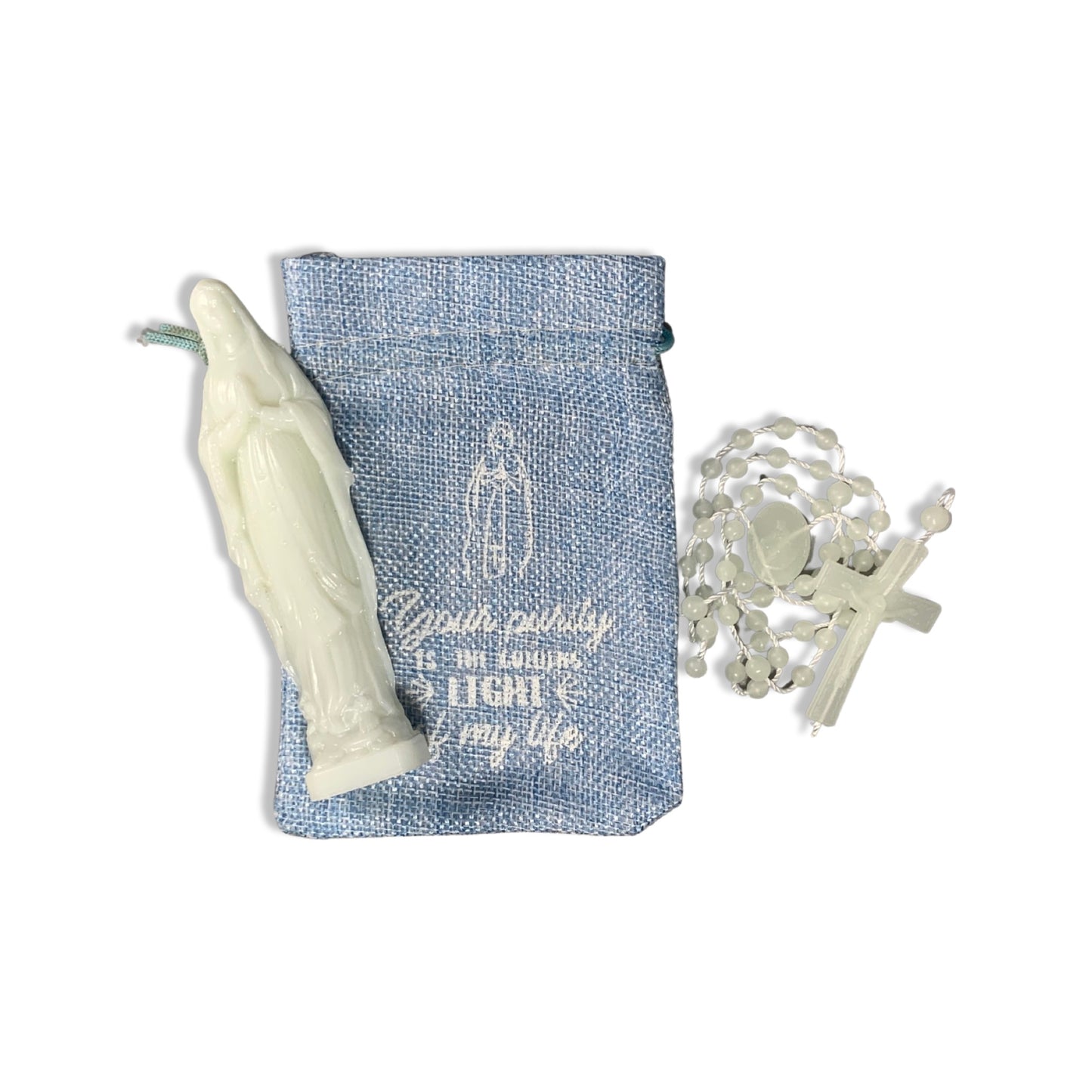 Glow in the Dark Lourdes Statue and Rosary with Blue Pouch