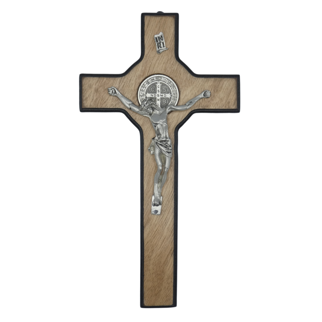 White Oak Colored St. Benedict Crucifix with Black Border