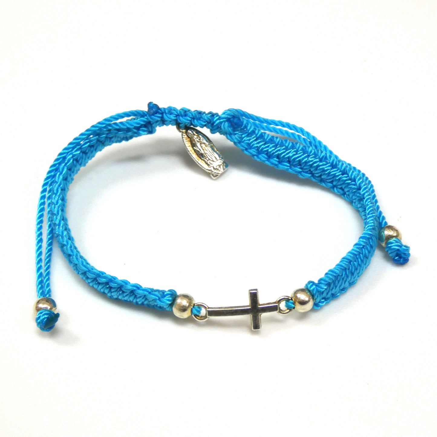 Braided Bracelet of Assorted Colors with Metal Cross and Guadalupe Medal